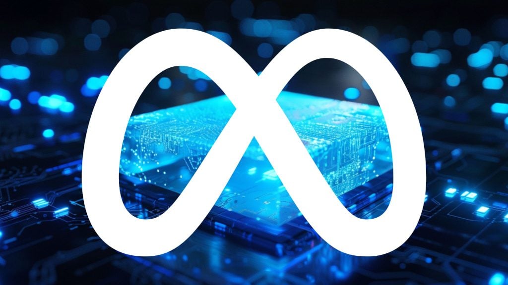 White Meta logo superimposed over a glowing blue microchip and circuit board background with digital light effects